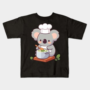 Cute koala chef with chef apron making soup, koala bear cooking illustration, koala lover chef Kids T-Shirt